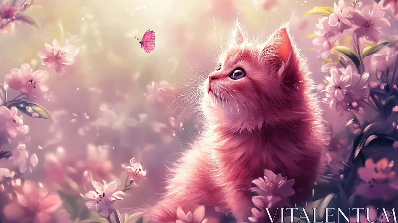 Pink Cat Surrounded by Flowers and Butterfly in Garden