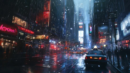 Rain-soaked cyber-noir avenue channels neon light into slick asphalt