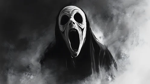Monochrome spectral wraith portrait with screaming skull mask