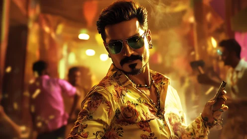 Man in floral shirt holding phone in neon party setting.