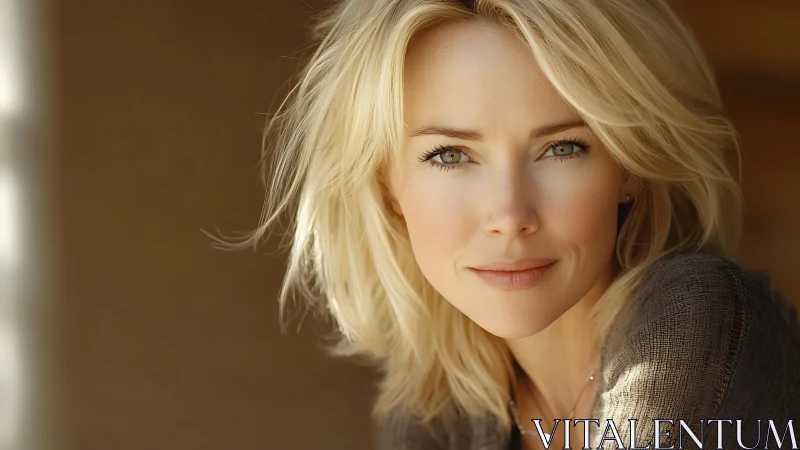 Blonde woman gazes into camera under soft natural light