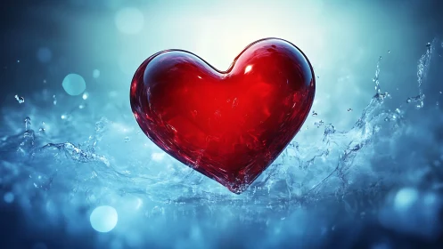 Red Glass Heart in Blue Water Splash.