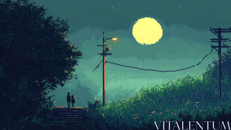Pixel art nocturnal scene depicting two figures observing landscape beneath moon.
