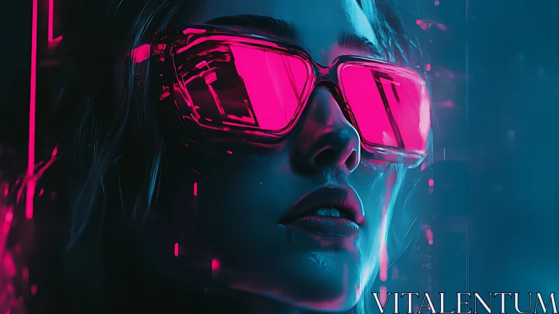 Cyberpunk portrait with magenta visor glasses in neon bicolor