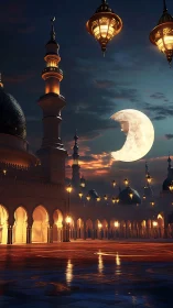 Moonlit mosque courtyard under lantern glow at twilight.