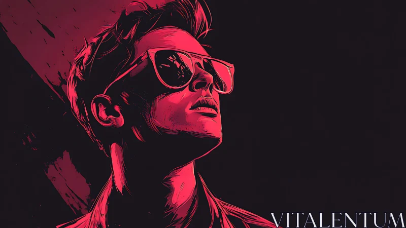 Neon-lit portrait of stylized youth in reflective sunglasses.