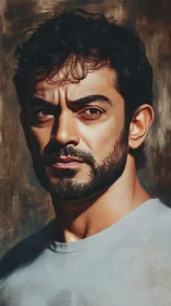 Brooding bearded gaze in warm painterly spotlight portrait.