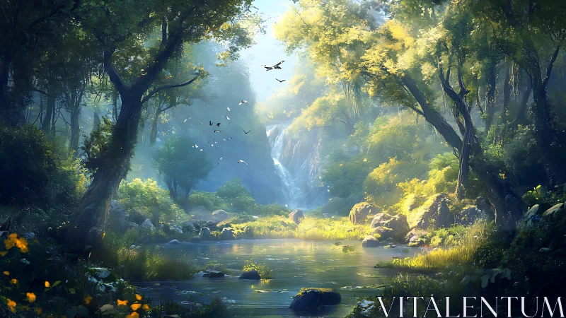 Enchanted Forest Stream with Waterfall and Golden Light.