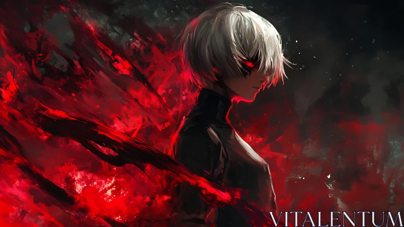 White‑haired revenant wreathed in feral crimson firestorm.
