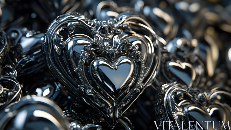Ornate metallic heart sculptures in elegant baroque style.