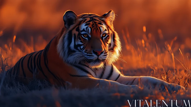 Tiger lies in dry grass under low warm directional light