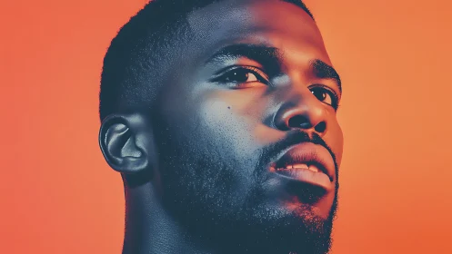 Close-up stylized portrait of man against orange backdrop.