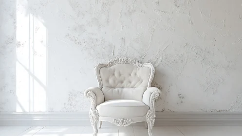 Baroque white armchair anchors a minimal monochrome interior