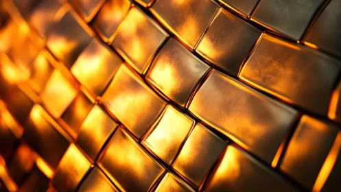 Golden Metallic Tiles Abstract Close-Up with Warm Lighting Effect.