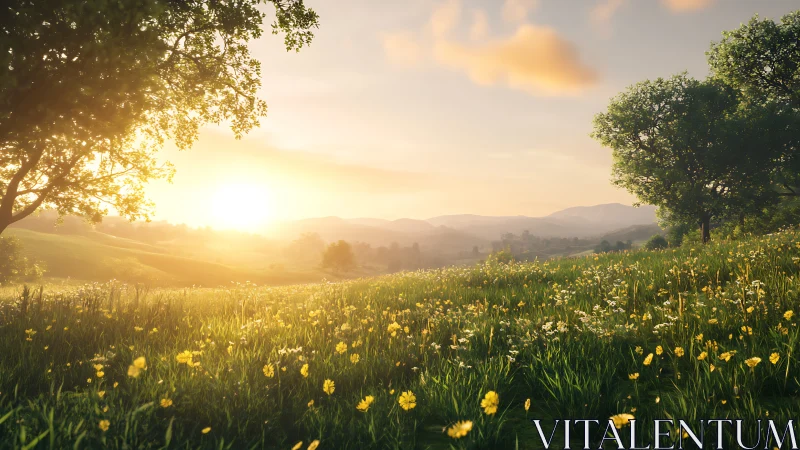 Sunlit meadow and distant hills under low, warm daylight