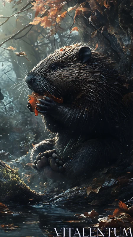Photorealistic forest beaver with hyper-detailed wet fur rendering.