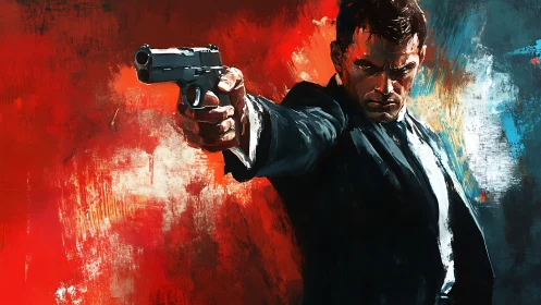 Intense suited agent aims forward against bold red backdrop