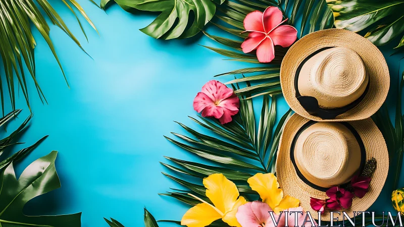 Tropical summer hats with palm leaves on blue background.