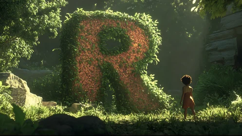 Child facing giant flower-covered R in sunlit jungle.