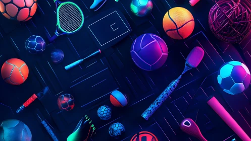 Neon lit sports equipment collection arranged on dark surface