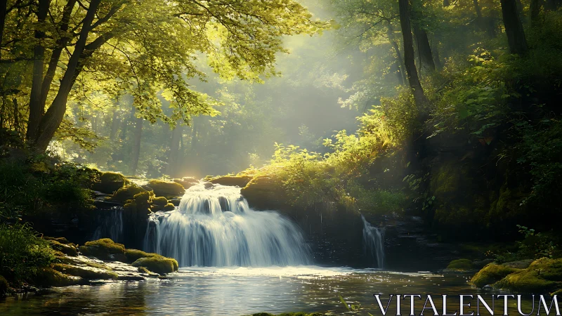 Golden Light Cascades Through the Forest Waterfall.