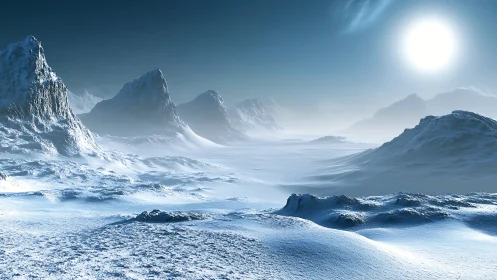 Silent blue ice valley under a pale winter sun.