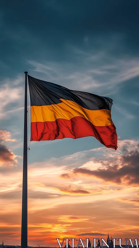 National tricolor flag ripples dynamically against sunset sky