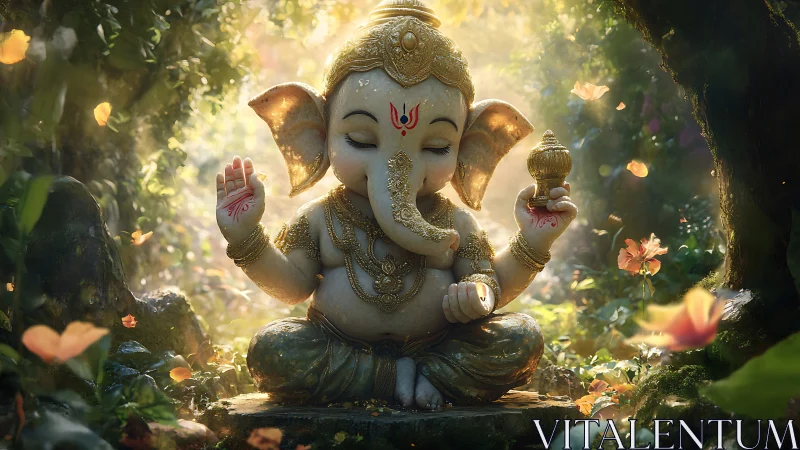 Elephant-headed deity statue in forest clearing with ornaments.