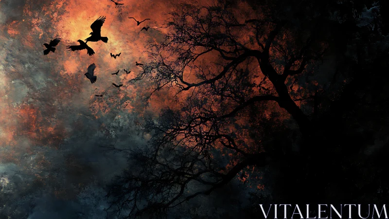 Silhouetted birds and bare tree against red clouded sky.