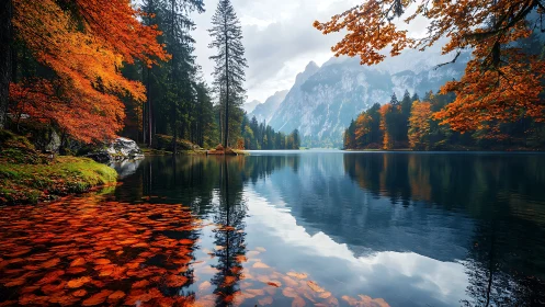 High-resolution alpine lake with reflective autumn foliage panorama