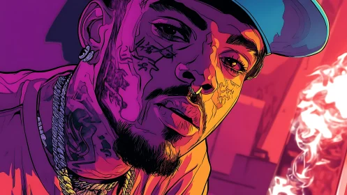 Tattooed man in cap lit by intense neon gradient lighting