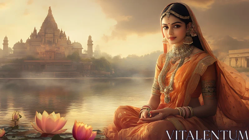 Digital painting of regal Indian woman by misty temple lake.