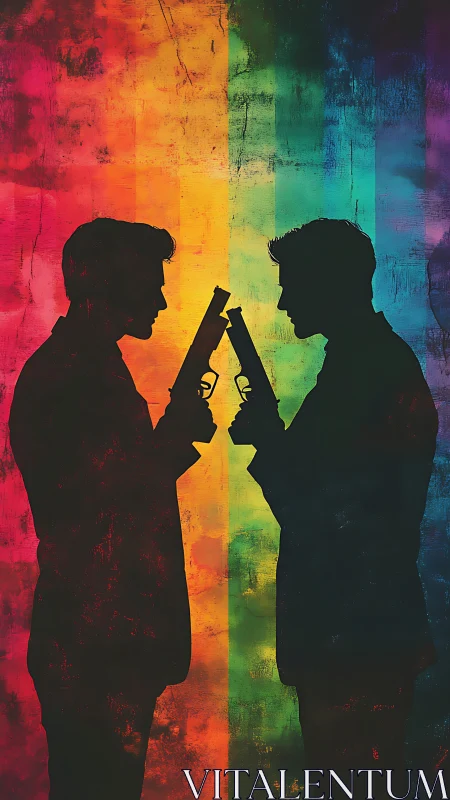 Silhouetted duelists confront each other on grunge rainbow field.