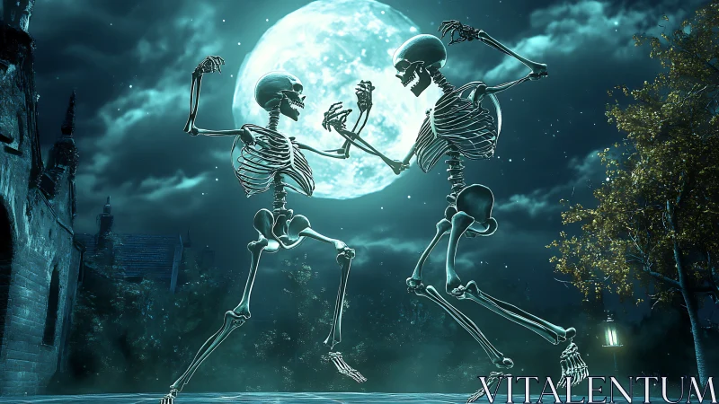 Moonlit skeleton dance party in a playful haunted nightscape.