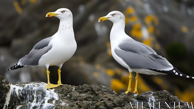 Two Seagulls on Rocky Shore in Natural Wildlife Photography.
