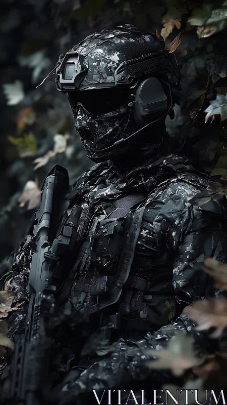 Stealth operator in digital woodland camo with headset rifle