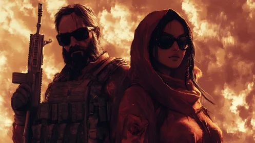 Armed soldier and hooded woman stand under burning sky