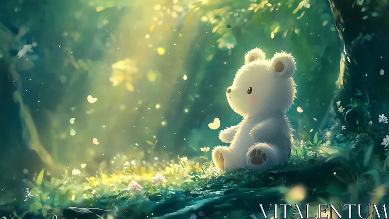 Luminous forest glade with plush bear under volumetric light.