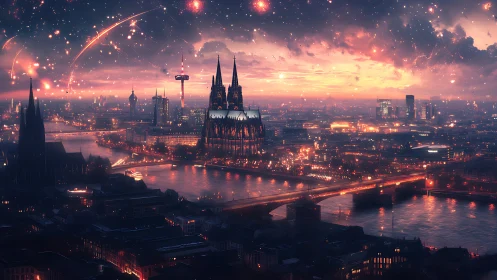 Concept art night cityscape with luminous cathedral skyline.