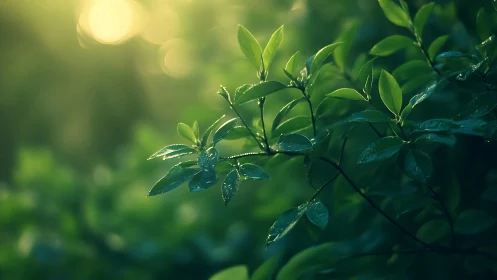 Sunlit Green Leaves in Morning Dew, Nature Photography Style.