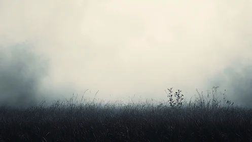 Minimalist foggy meadow with silhouetted winter grasses.