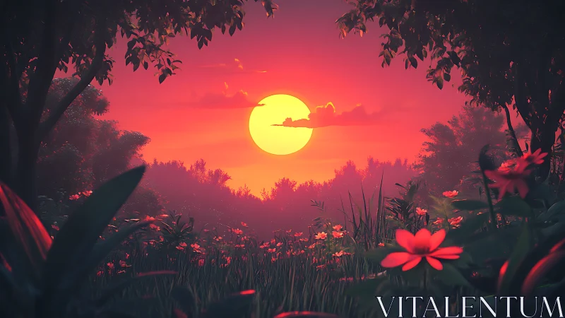 Sunset drapes a flowered forest in molten strawberry light