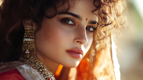 Portrait of woman in ornate jewelry and traditional dress.