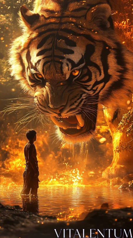 Colossal tiger confronts lone child in blazing golden river.