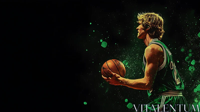 Basketball player in green jersey against dark splatter field.