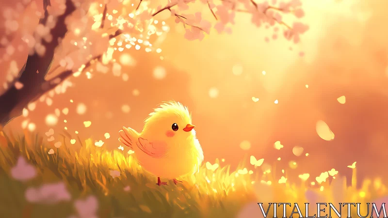 Yellow chick under blossom tree in diffuse warm light.