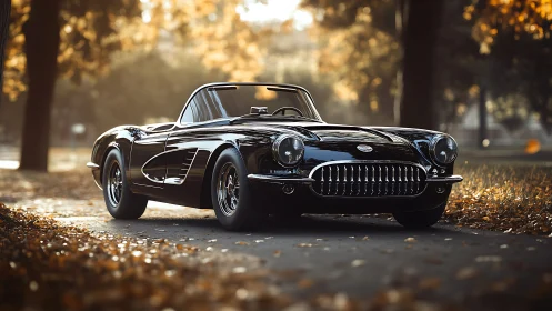 Glossy black classic roadster parked under soft autumn light