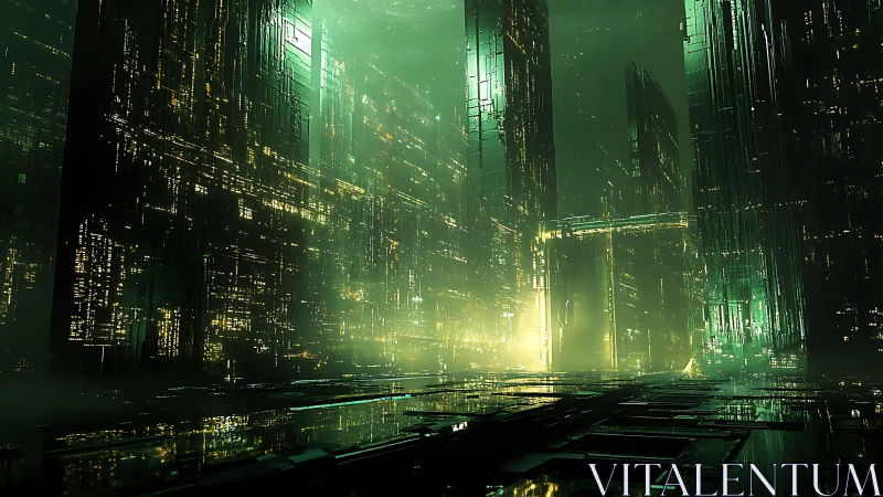 Neon-lit cyber city glows through dense digital mist and haze
