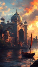 Sunlit riverside palace glowing beneath a dreamy sky.