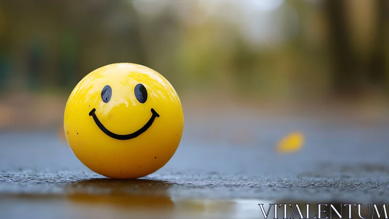 Yellow smiley stress ball on wet pavement with soft bokeh background.